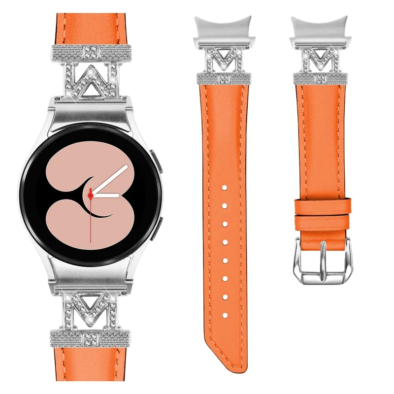 Watch Band Samsung Galaxy Watch Universal Genuine Cow Leather Rhinestone M-shape Connector Strap with Silver Buckle