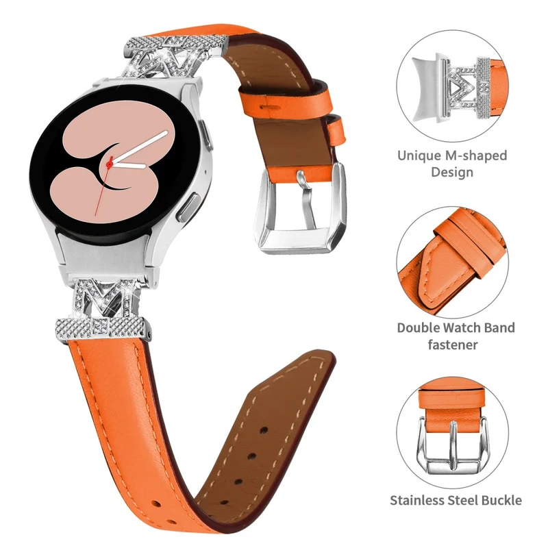 Watch Band Samsung Galaxy Watch Universal Genuine Cow Leather Rhinestone M-shape Connector Strap with Silver Buckle