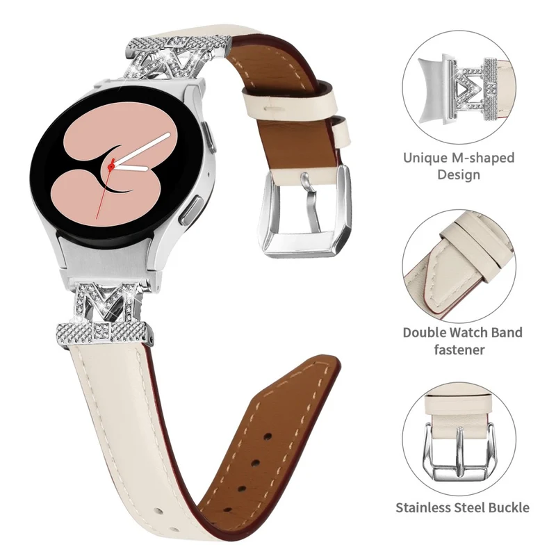 Watch Band Samsung Galaxy Watch Universal Genuine Cow Leather Rhinestone M-shape Connector Strap with Silver Buckle