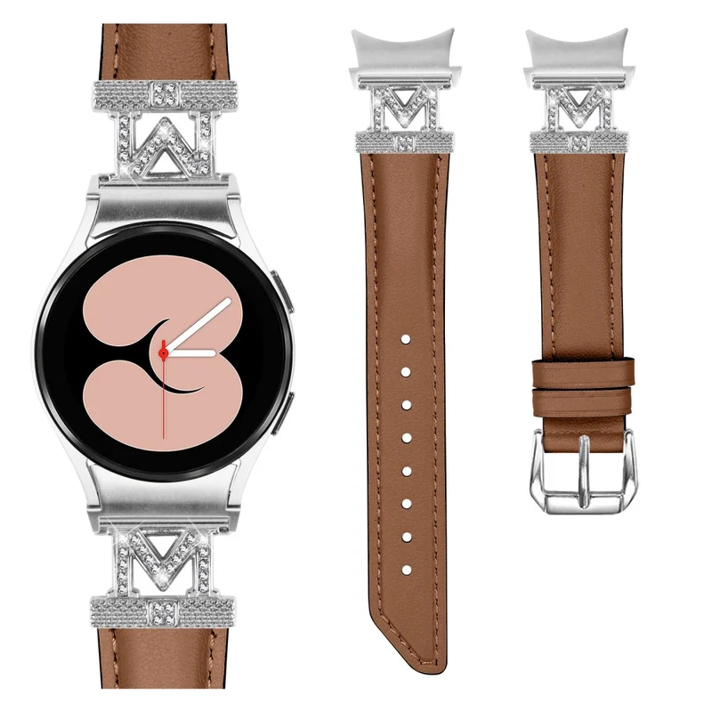 Watch Band Samsung Galaxy Watch Universal Genuine Cow Leather Rhinestone M-shape Connector Strap with Silver Buckle