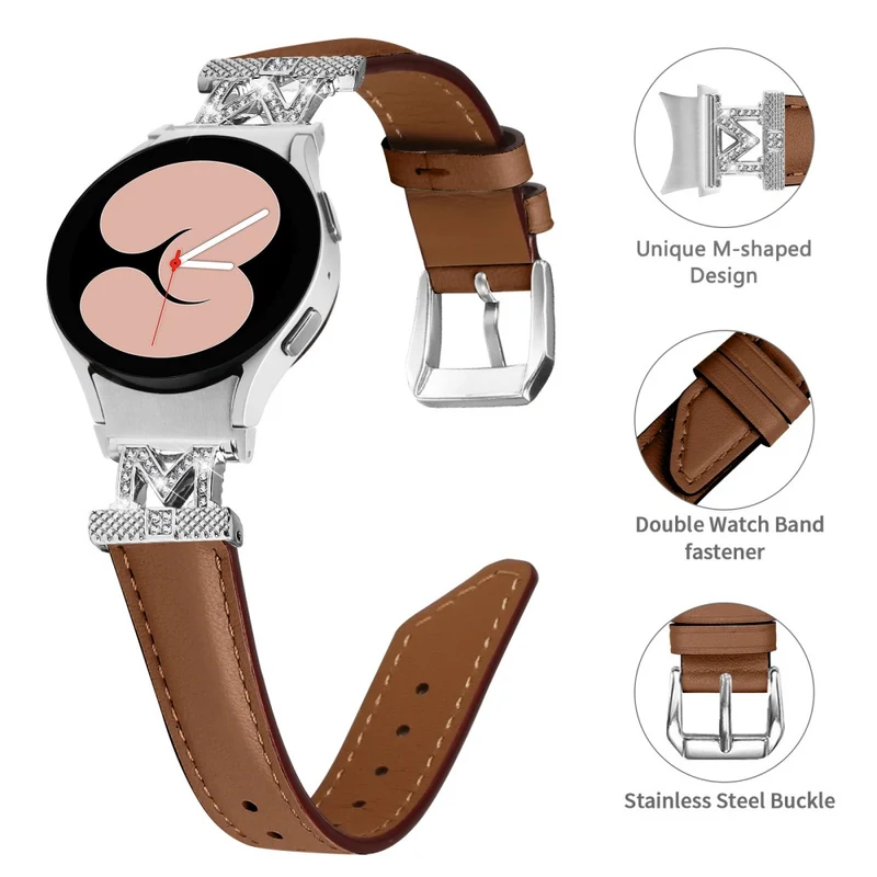Watch Band Samsung Galaxy Watch Universal Genuine Cow Leather Rhinestone M-shape Connector Strap with Silver Buckle