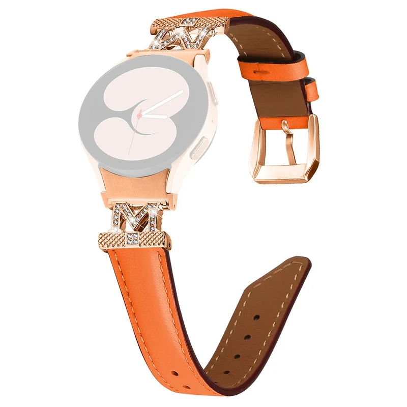 Genuine Cow Leather Band Samsung Galaxy Watch Universal 20mm Rhinestone M-shape Connector Strap with Rose Gold Buckle