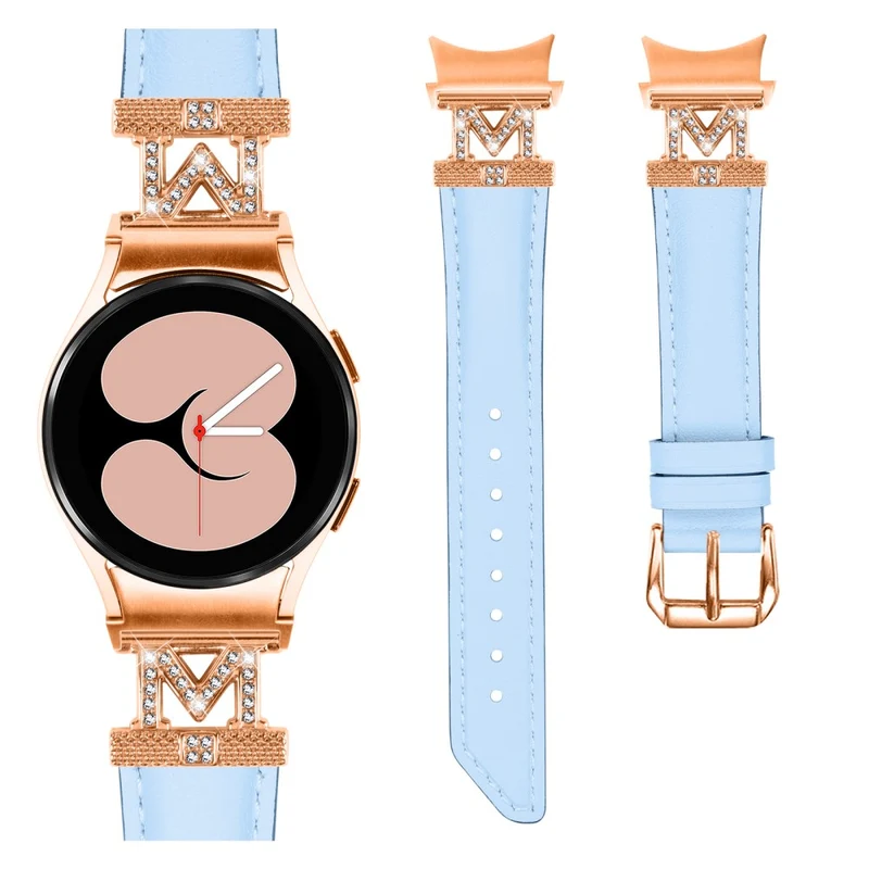 Genuine Cow Leather Band Samsung Galaxy Watch Universal 20mm Rhinestone M-shape Connector Strap with Rose Gold Buckle