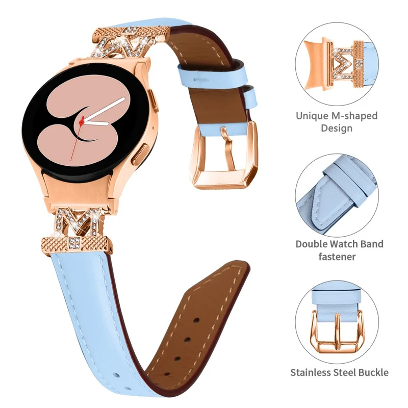 Genuine Cow Leather Band Samsung Galaxy Watch Universal 20mm Rhinestone M-shape Connector Strap with Rose Gold Buckle