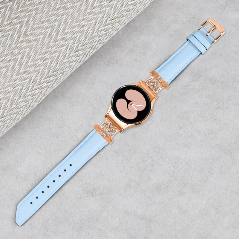 Genuine Cow Leather Band Samsung Galaxy Watch Universal 20mm Rhinestone M-shape Connector Strap with Rose Gold Buckle