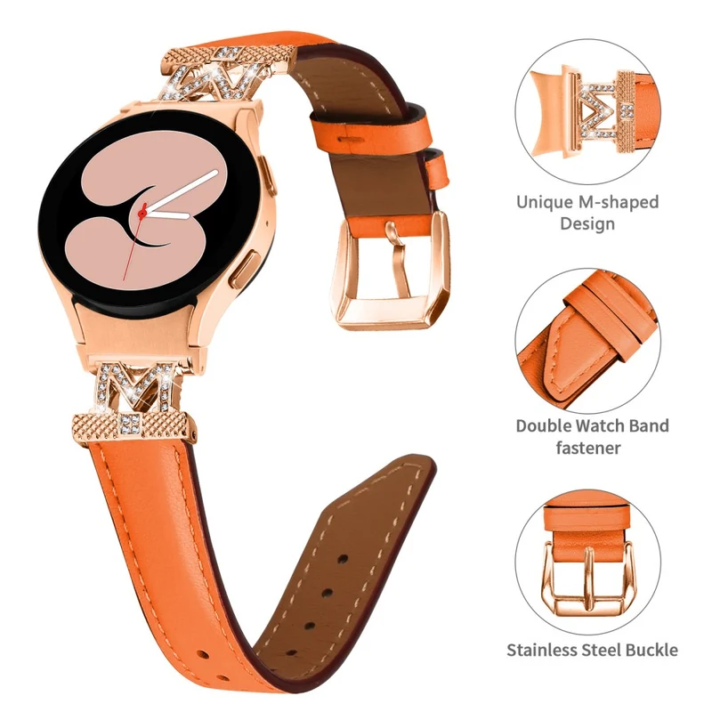 Genuine Cow Leather Band Samsung Galaxy Watch Universal 20mm Rhinestone M-shape Connector Strap with Rose Gold Buckle