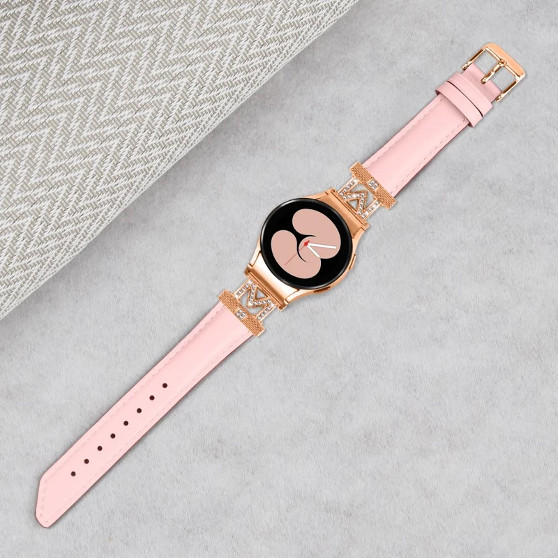 Genuine Cow Leather Band Samsung Galaxy Watch Universal 20mm Rhinestone M-shape Connector Strap with Rose Gold Buckle