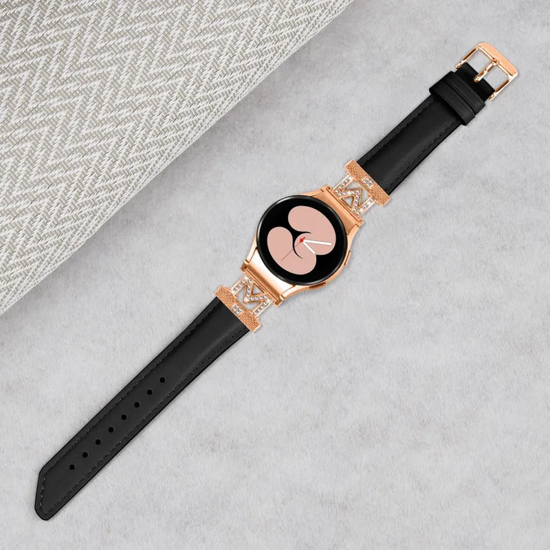 Genuine Cow Leather Band Samsung Galaxy Watch Universal 20mm Rhinestone M-shape Connector Strap with Rose Gold Buckle
