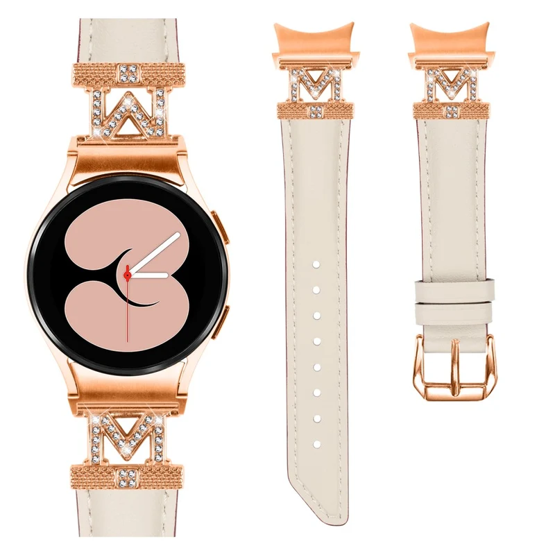 Genuine Cow Leather Band Samsung Galaxy Watch Universal 20mm Rhinestone M-shape Connector Strap with Rose Gold Buckle