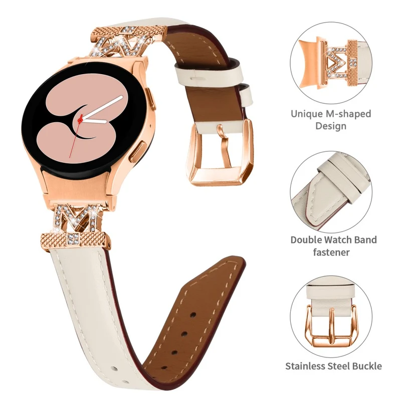 Genuine Cow Leather Band Samsung Galaxy Watch Universal 20mm Rhinestone M-shape Connector Strap with Rose Gold Buckle