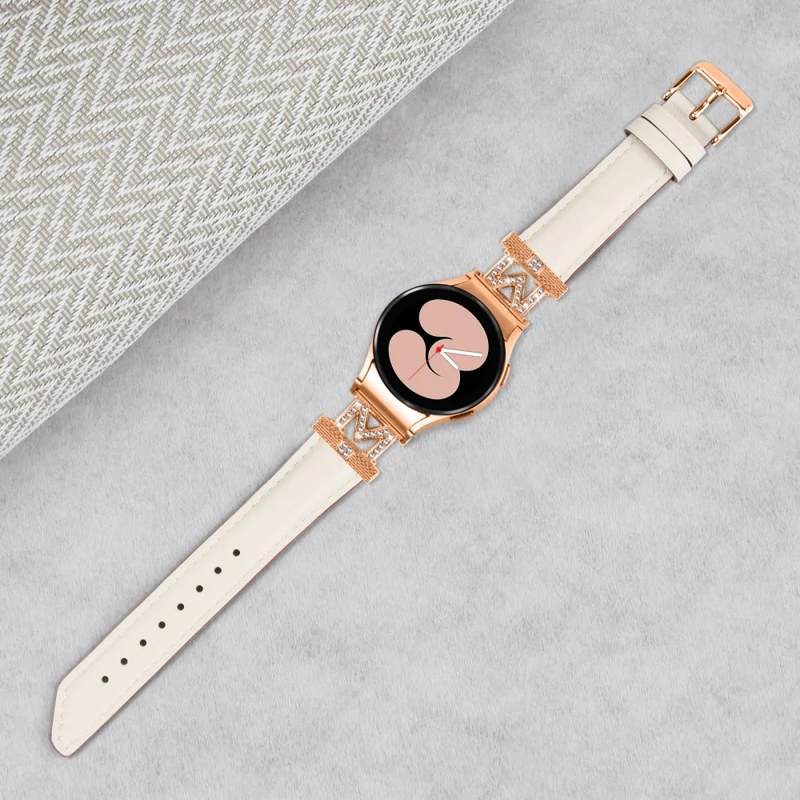 Genuine Cow Leather Band Samsung Galaxy Watch Universal 20mm Rhinestone M-shape Connector Strap with Rose Gold Buckle