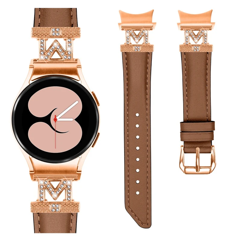 Genuine Cow Leather Band Samsung Galaxy Watch Universal 20mm Rhinestone M-shape Connector Strap with Rose Gold Buckle