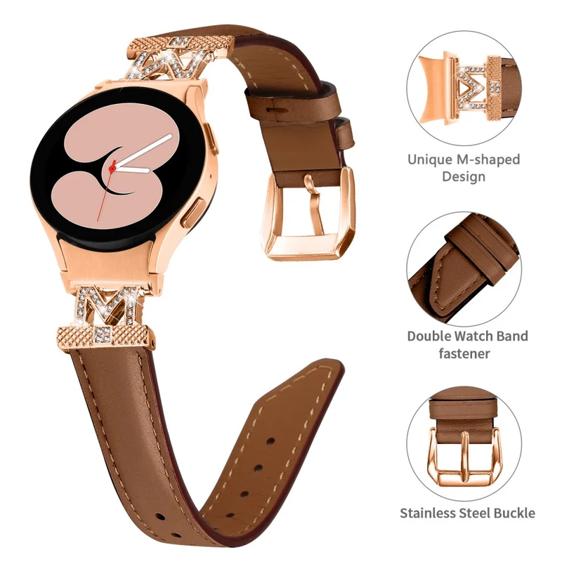 Genuine Cow Leather Band Samsung Galaxy Watch Universal 20mm Rhinestone M-shape Connector Strap with Rose Gold Buckle