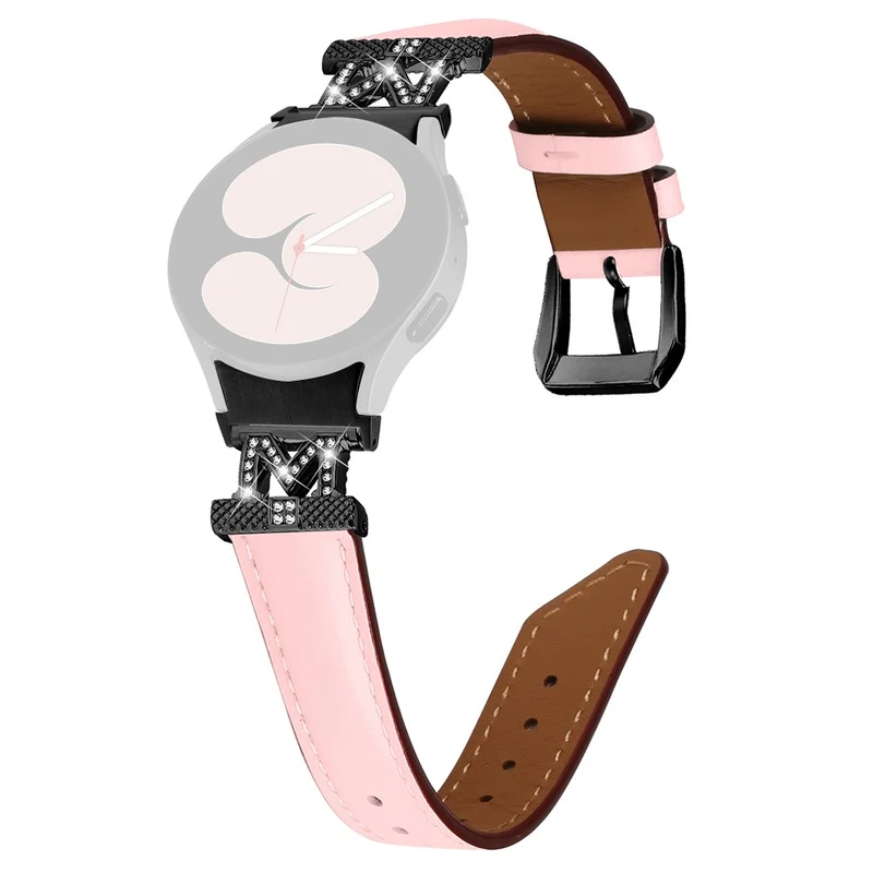 Watch Band Samsung Galaxy Watch Universal 20mm Rhinestone M-shape Connector Genuine Cow Leather Strap with Black Buckle