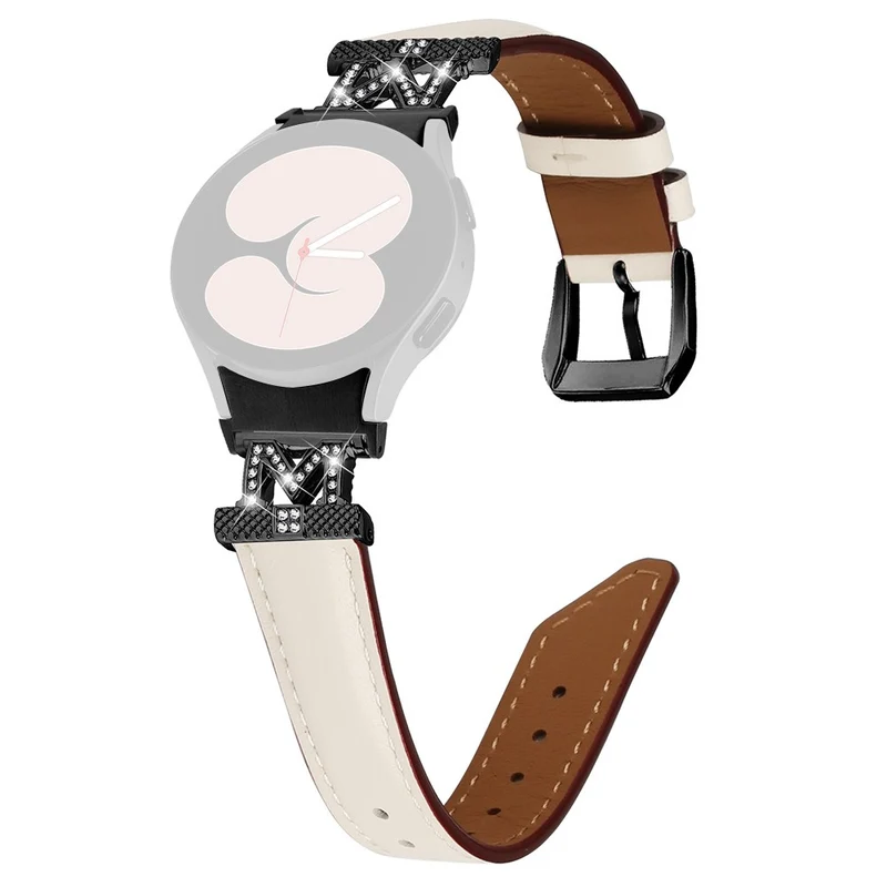 Watch Band Samsung Galaxy Watch Universal 20mm Rhinestone M-shape Connector Genuine Cow Leather Strap with Black Buckle