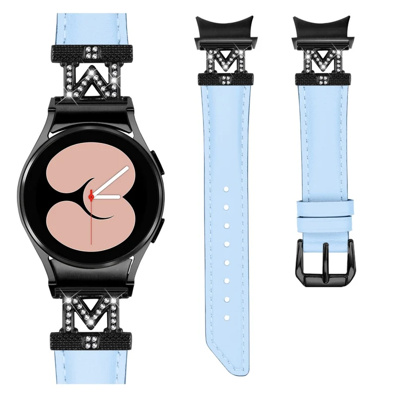 Watch Band Samsung Galaxy Watch Universal 20mm Rhinestone M-shape Connector Genuine Cow Leather Strap with Black Buckle