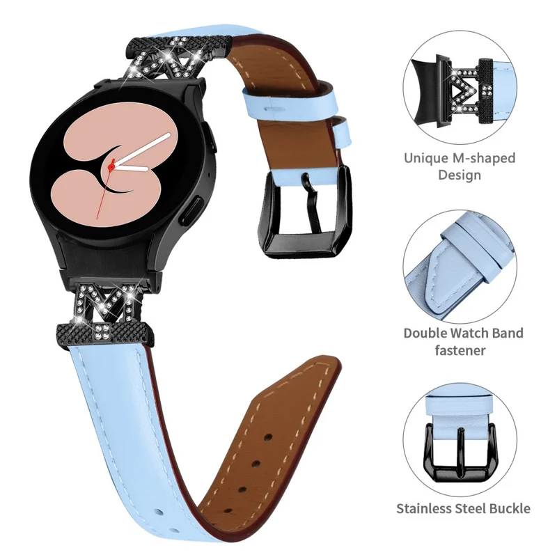 Watch Band Samsung Galaxy Watch Universal 20mm Rhinestone M-shape Connector Genuine Cow Leather Strap with Black Buckle