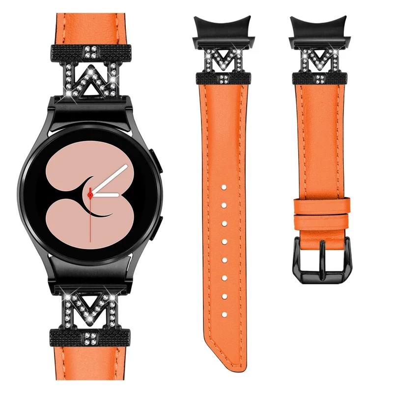 Watch Band Samsung Galaxy Watch Universal 20mm Rhinestone M-shape Connector Genuine Cow Leather Strap with Black Buckle