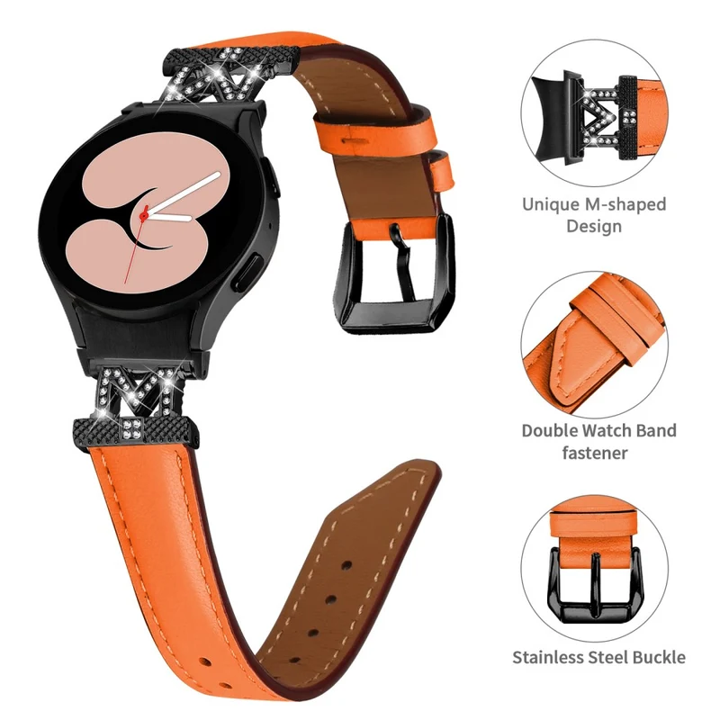 Watch Band Samsung Galaxy Watch Universal 20mm Rhinestone M-shape Connector Genuine Cow Leather Strap with Black Buckle
