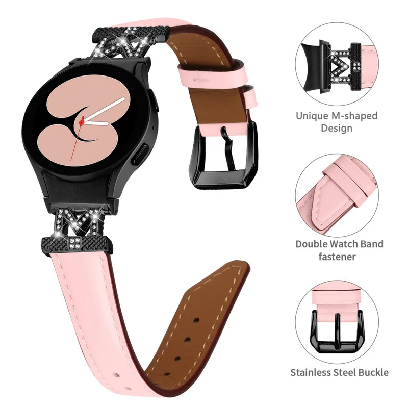 Watch Band Samsung Galaxy Watch Universal 20mm Rhinestone M-shape Connector Genuine Cow Leather Strap with Black Buckle