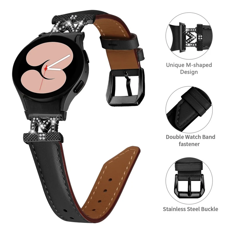 Watch Band Samsung Galaxy Watch Universal 20mm Rhinestone M-shape Connector Genuine Cow Leather Strap with Black Buckle