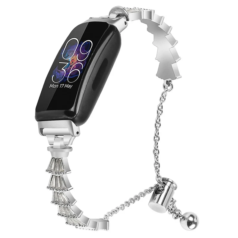 Fitbit Inspire / Inspire HR / Inspire 2 Sliding Jewelry Watchband Metal Silver Bracelet Strap with Rhinestones