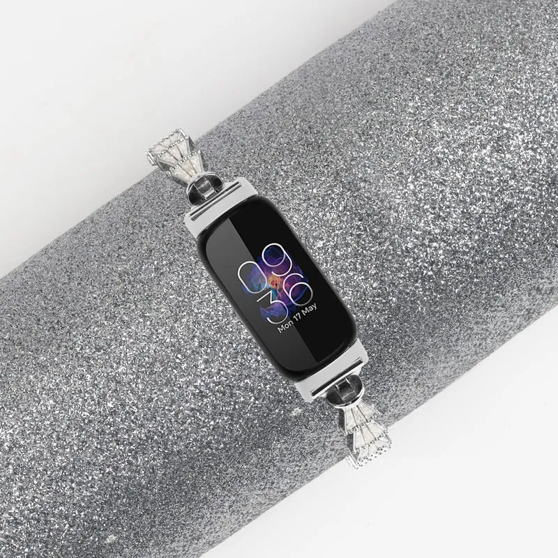 Fitbit Inspire / Inspire HR / Inspire 2 Sliding Jewelry Watchband Metal Silver Bracelet Strap with Rhinestones