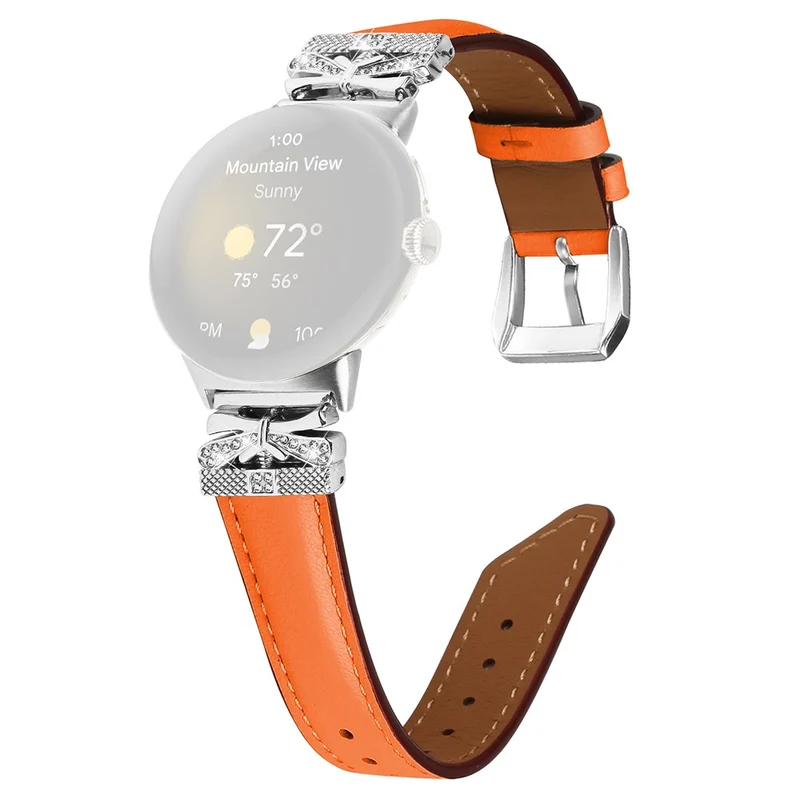 Google Pixel Watch Rhinestone Genuine Cowhide Leather Watch Strap (Silver Buckle)