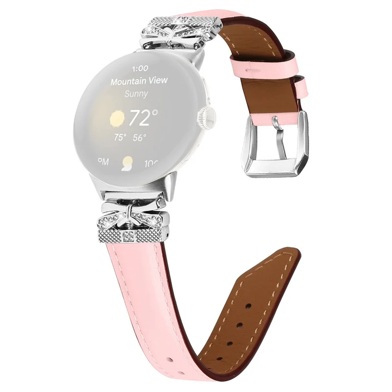 Google Pixel Watch Rhinestone Genuine Cowhide Leather Watch Strap (Silver Buckle)