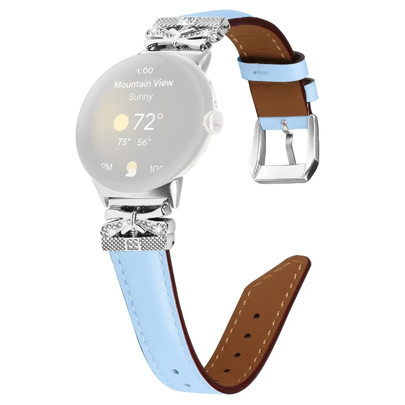 Google Pixel Watch Rhinestone Genuine Cowhide Leather Watch Strap (Silver Buckle)