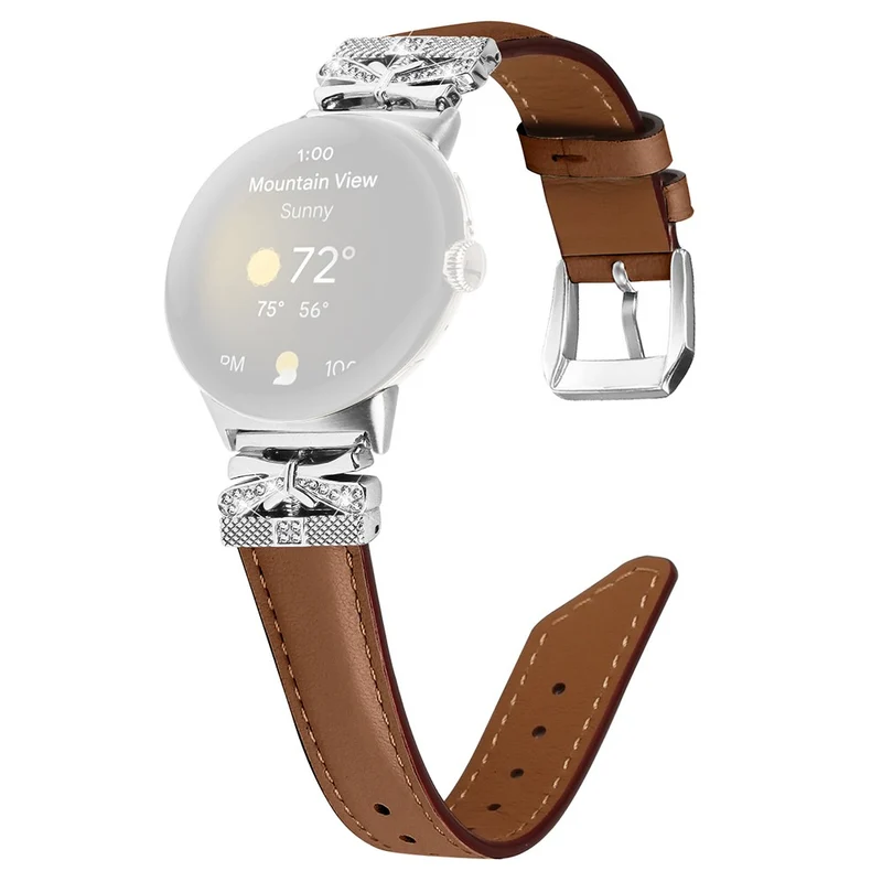Google Pixel Watch Rhinestone Genuine Cowhide Leather Watch Strap (Silver Buckle)