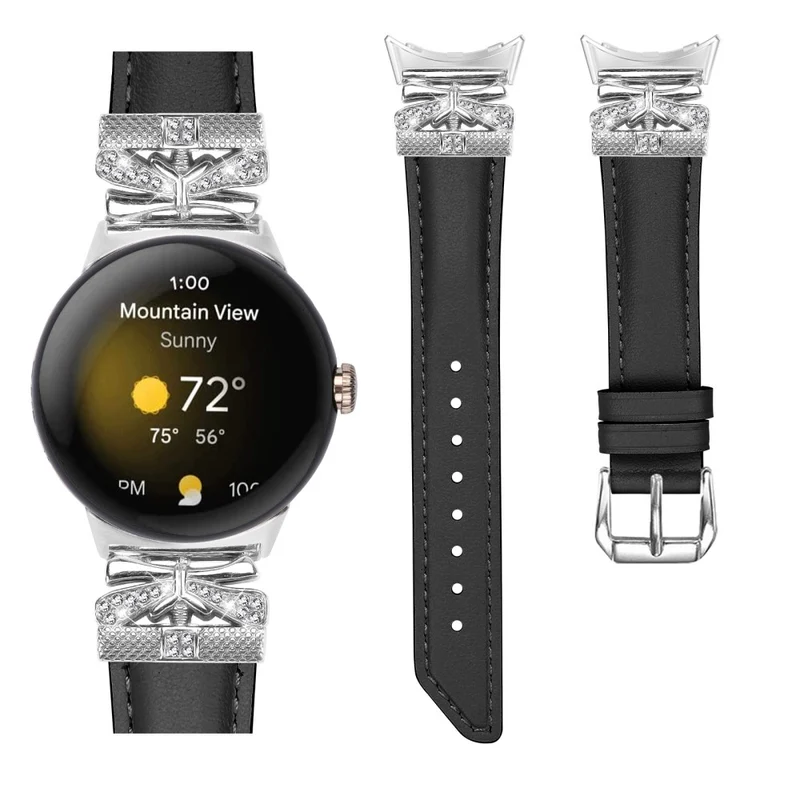 Google Pixel Watch Rhinestone Genuine Cowhide Leather Watch Strap (Silver Buckle)
