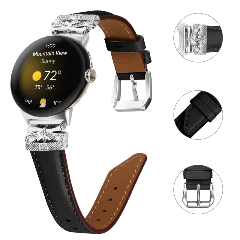 Google Pixel Watch Rhinestone Genuine Cowhide Leather Watch Strap (Silver Buckle)