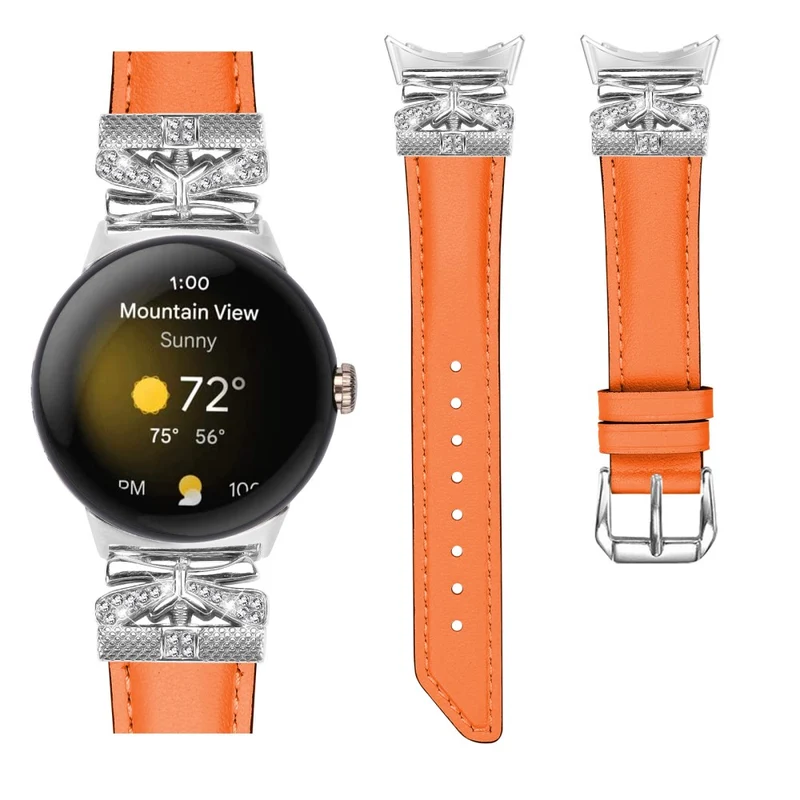 Google Pixel Watch Rhinestone Genuine Cowhide Leather Watch Strap (Silver Buckle)
