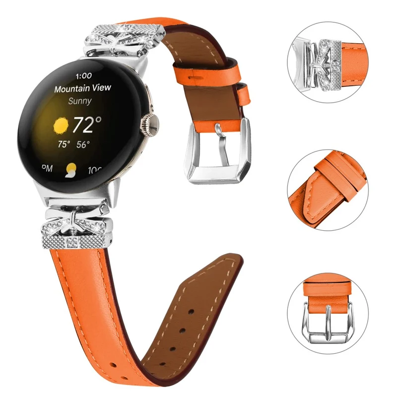 Google Pixel Watch Rhinestone Genuine Cowhide Leather Watch Strap (Silver Buckle)