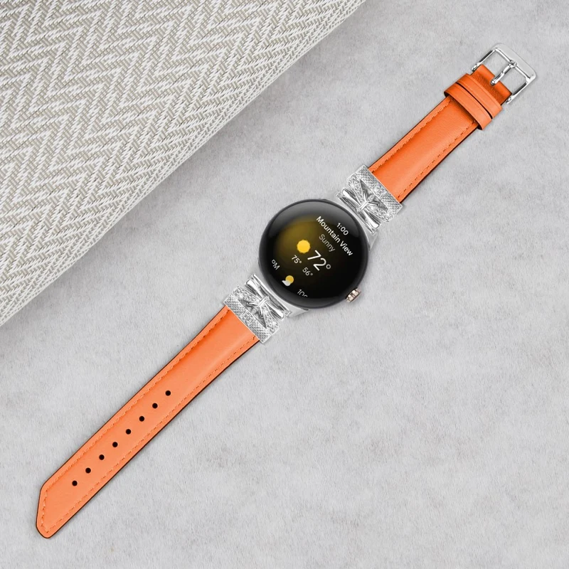 Google Pixel Watch Rhinestone Genuine Cowhide Leather Watch Strap (Silver Buckle)