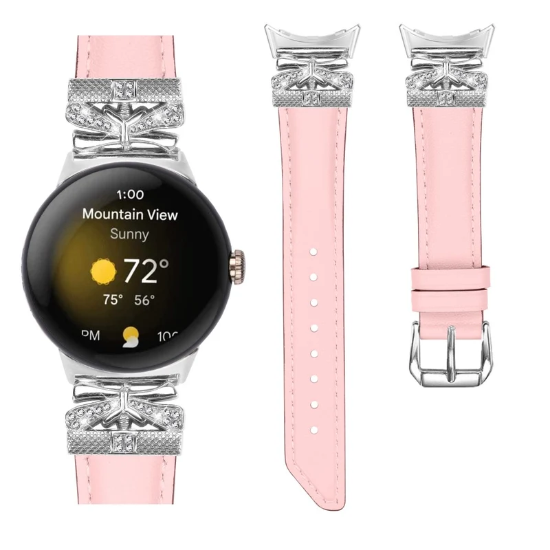 Google Pixel Watch Rhinestone Genuine Cowhide Leather Watch Strap (Silver Buckle)