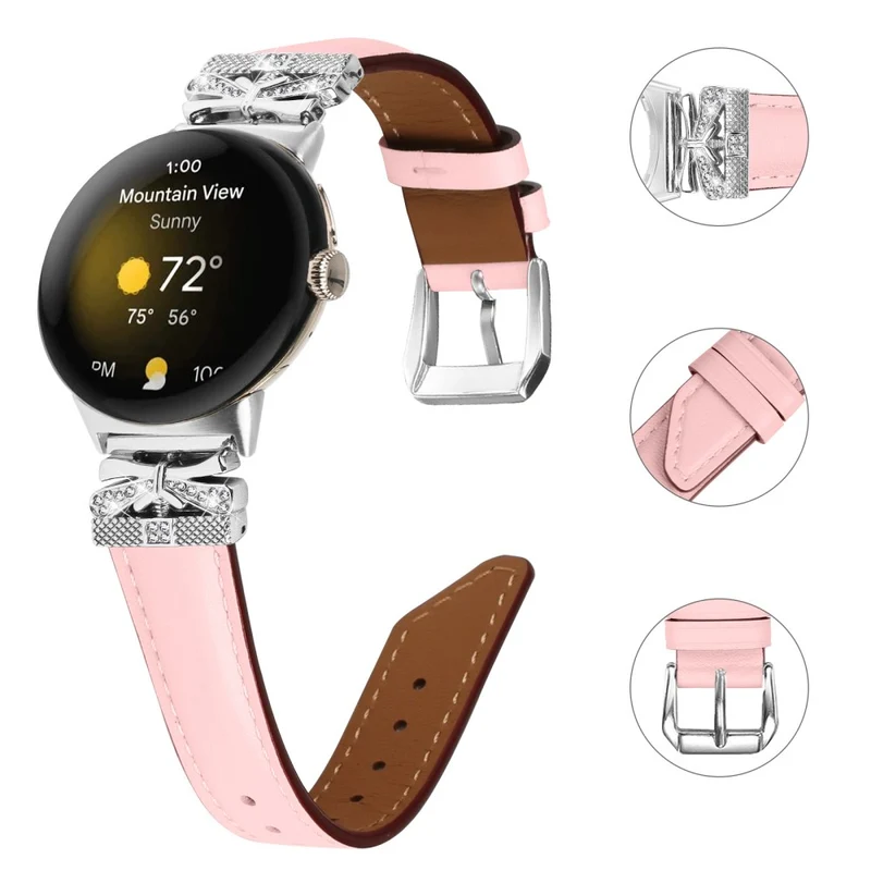 Google Pixel Watch Rhinestone Genuine Cowhide Leather Watch Strap (Silver Buckle)