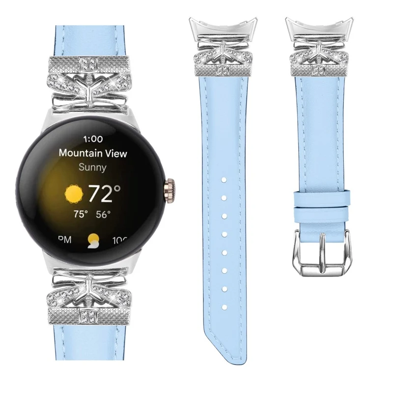 Google Pixel Watch Rhinestone Genuine Cowhide Leather Watch Strap (Silver Buckle)