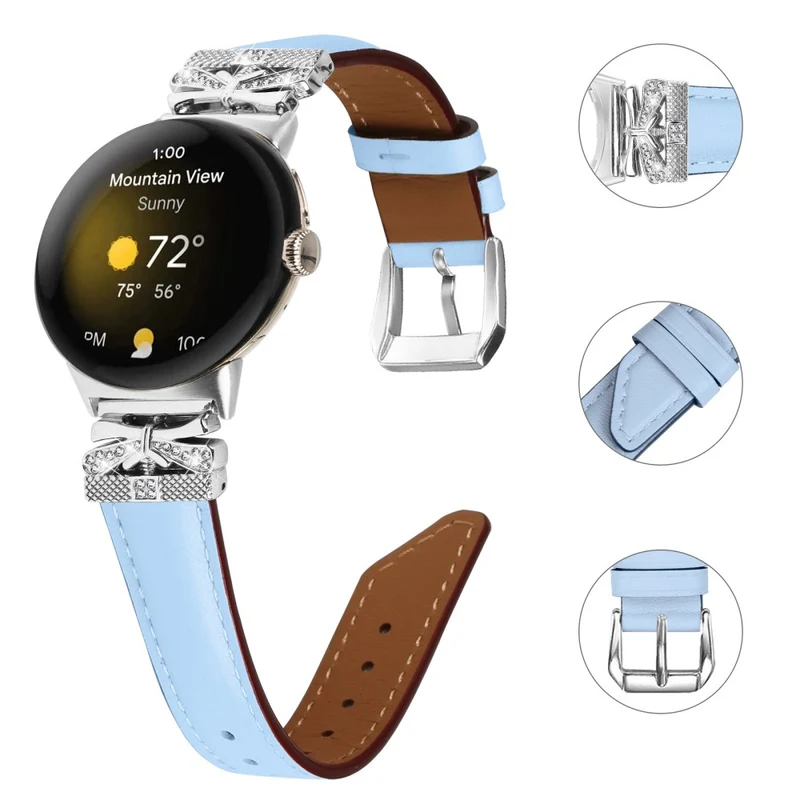 Google Pixel Watch Rhinestone Genuine Cowhide Leather Watch Strap (Silver Buckle)
