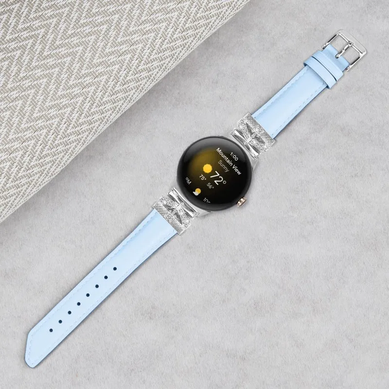 Google Pixel Watch Rhinestone Genuine Cowhide Leather Watch Strap (Silver Buckle)