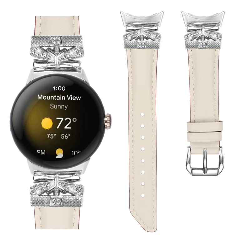 Google Pixel Watch Rhinestone Genuine Cowhide Leather Watch Strap (Silver Buckle)