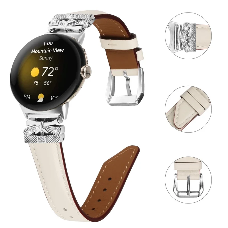 Google Pixel Watch Rhinestone Genuine Cowhide Leather Watch Strap (Silver Buckle)