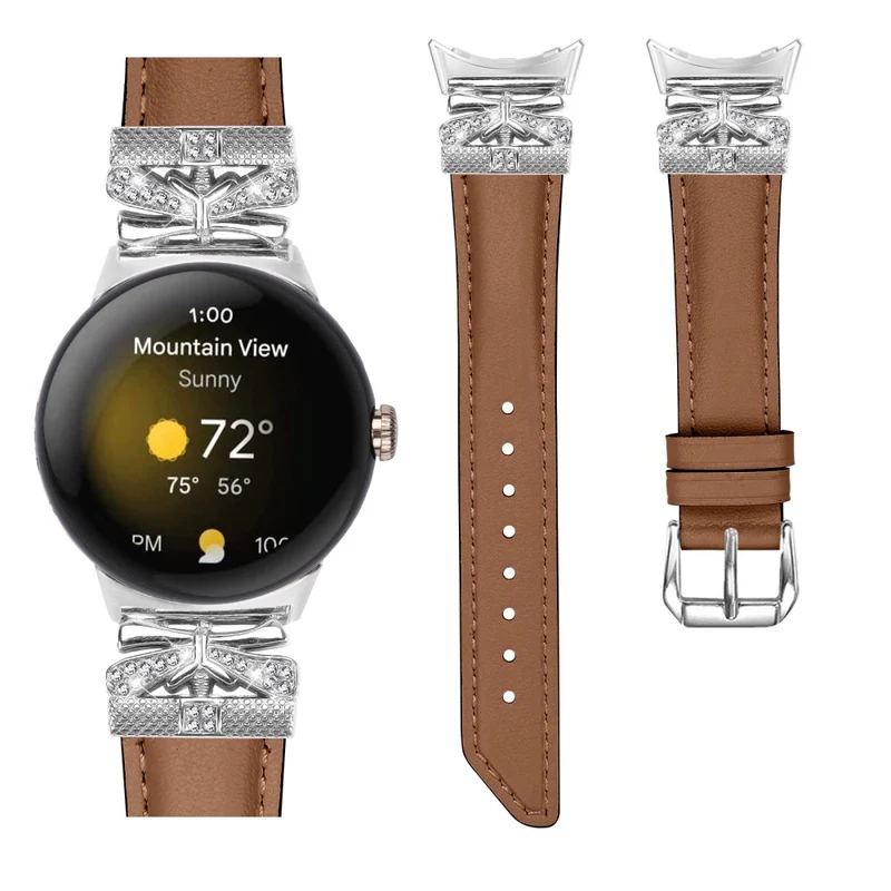 Google Pixel Watch Rhinestone Genuine Cowhide Leather Watch Strap (Silver Buckle)