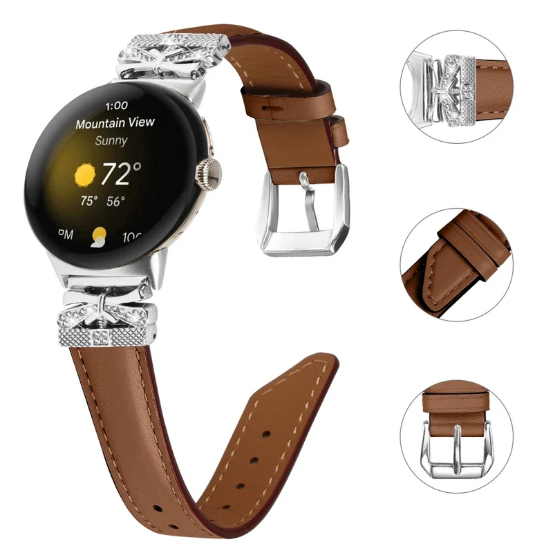 Google Pixel Watch Rhinestone Genuine Cowhide Leather Watch Strap (Silver Buckle)