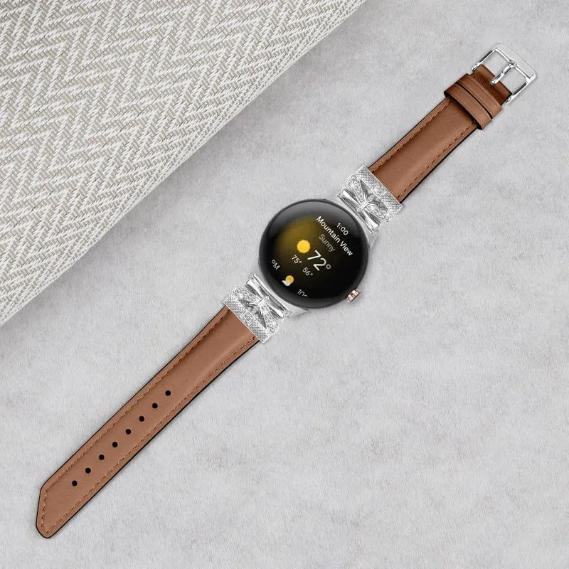 Google Pixel Watch Rhinestone Genuine Cowhide Leather Watch Strap (Silver Buckle)