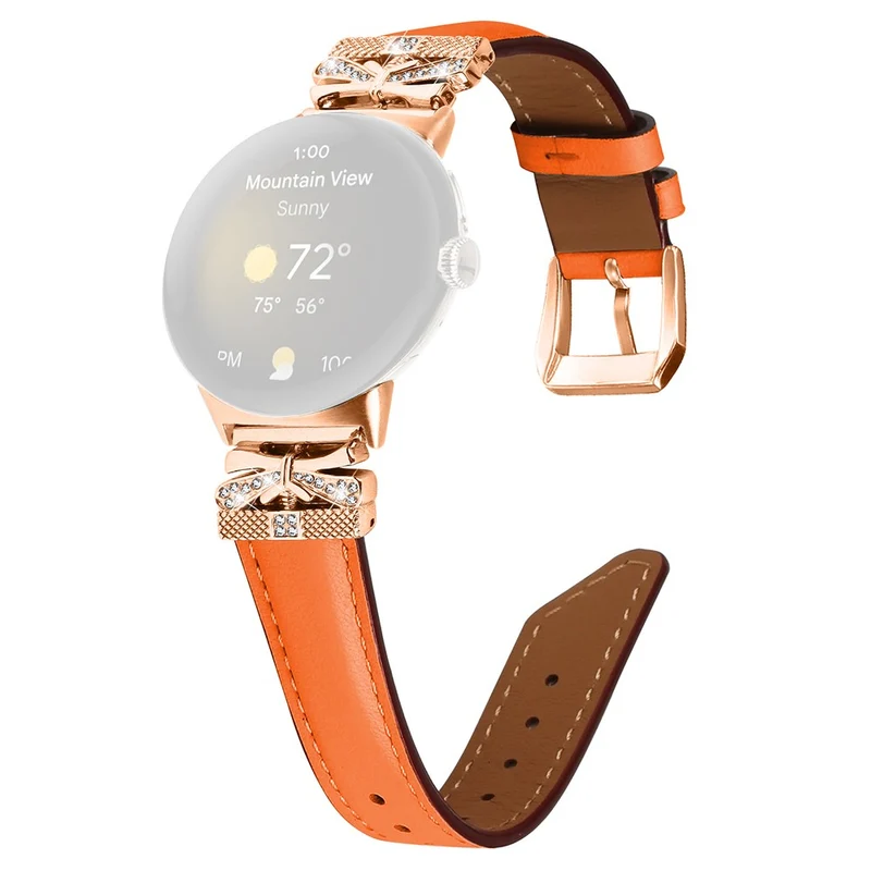 Google Pixel Watch Genuine Cowhide Leather Watch Strap Rhinestone Design (Rose Gold Buckle)
