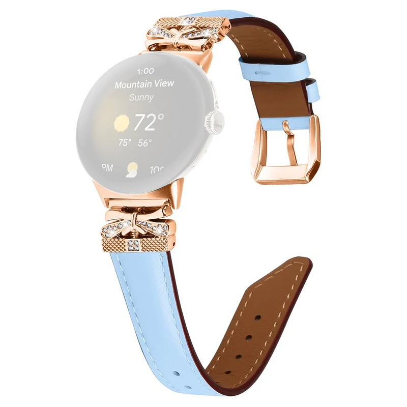 Google Pixel Watch Genuine Cowhide Leather Watch Strap Rhinestone Design (Rose Gold Buckle)