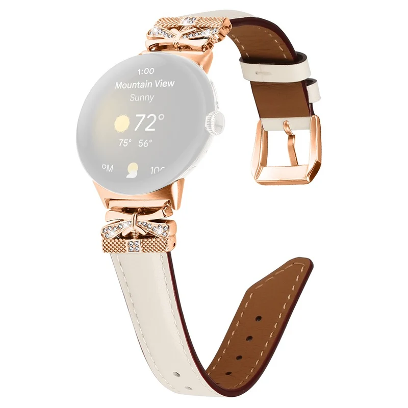 Google Pixel Watch Genuine Cowhide Leather Watch Strap Rhinestone Design (Rose Gold Buckle)