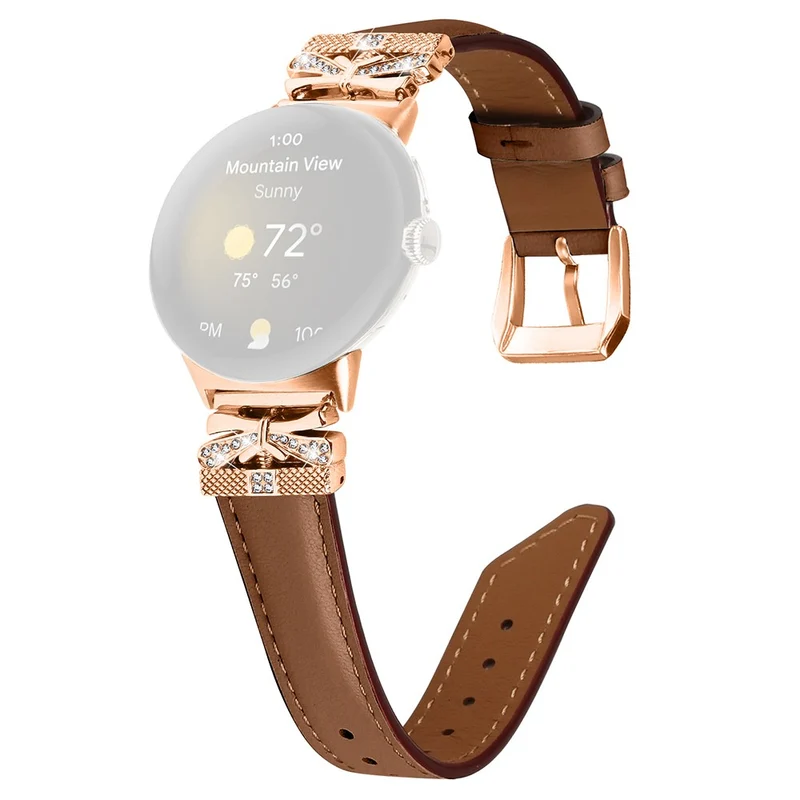 Google Pixel Watch Genuine Cowhide Leather Watch Strap Rhinestone Design (Rose Gold Buckle)